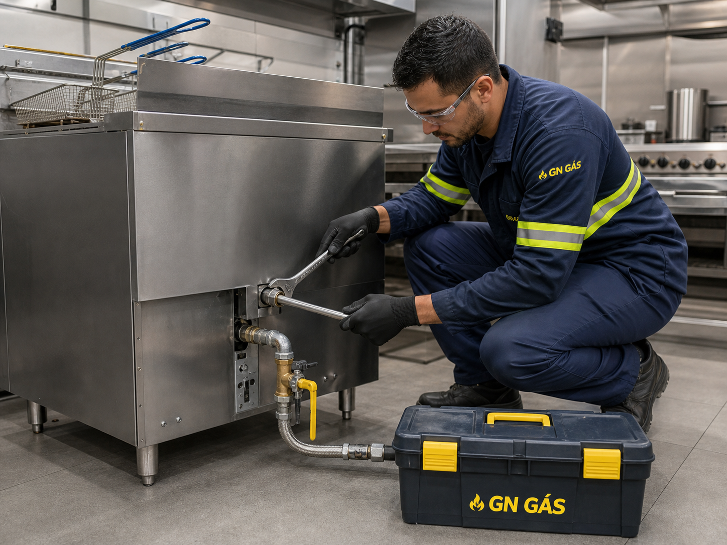 Técnico realizando instalação de fritadeira a gás