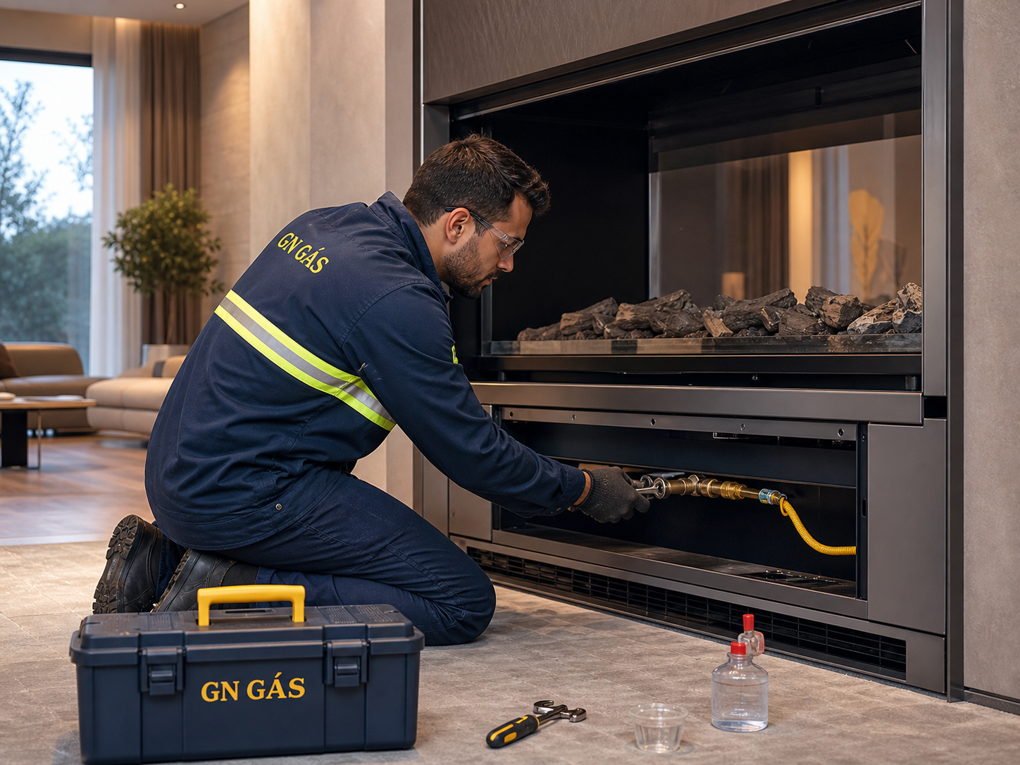 Técnico realizando instalação de lareira a gás