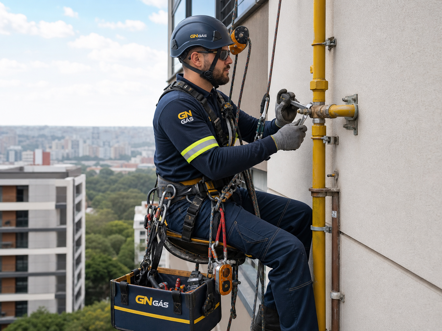 Técnico realizando reparo de prumada coletiva com cadeira suspensa