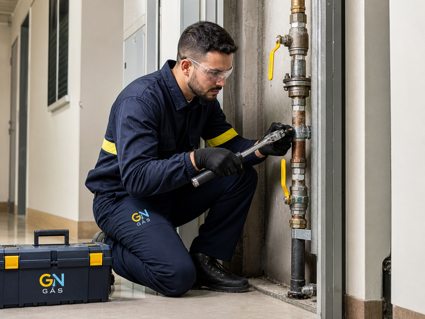 Técnico realizando reparo de prumada coletiva interna