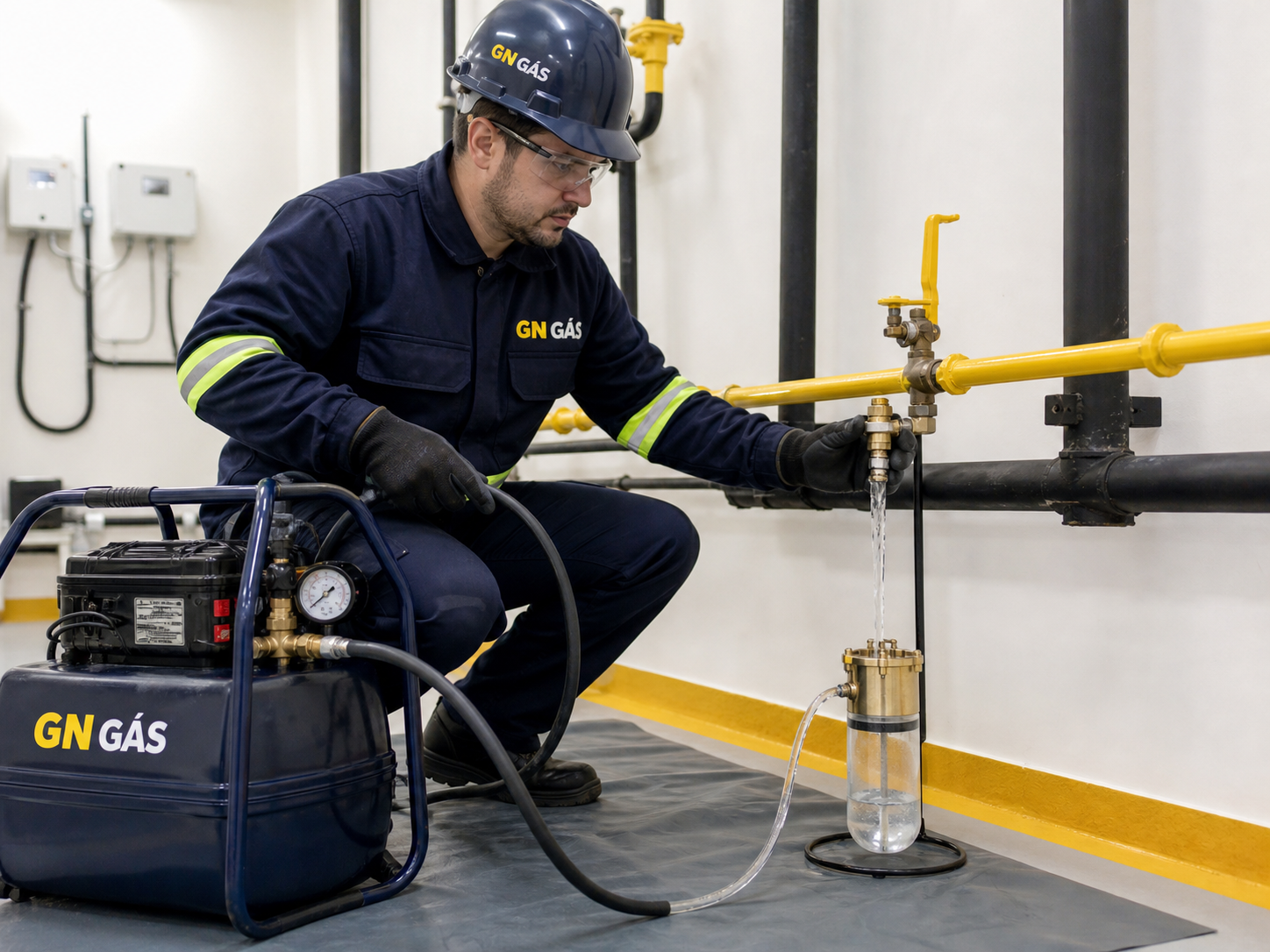 Técnico realizando retirada de água da tubulação