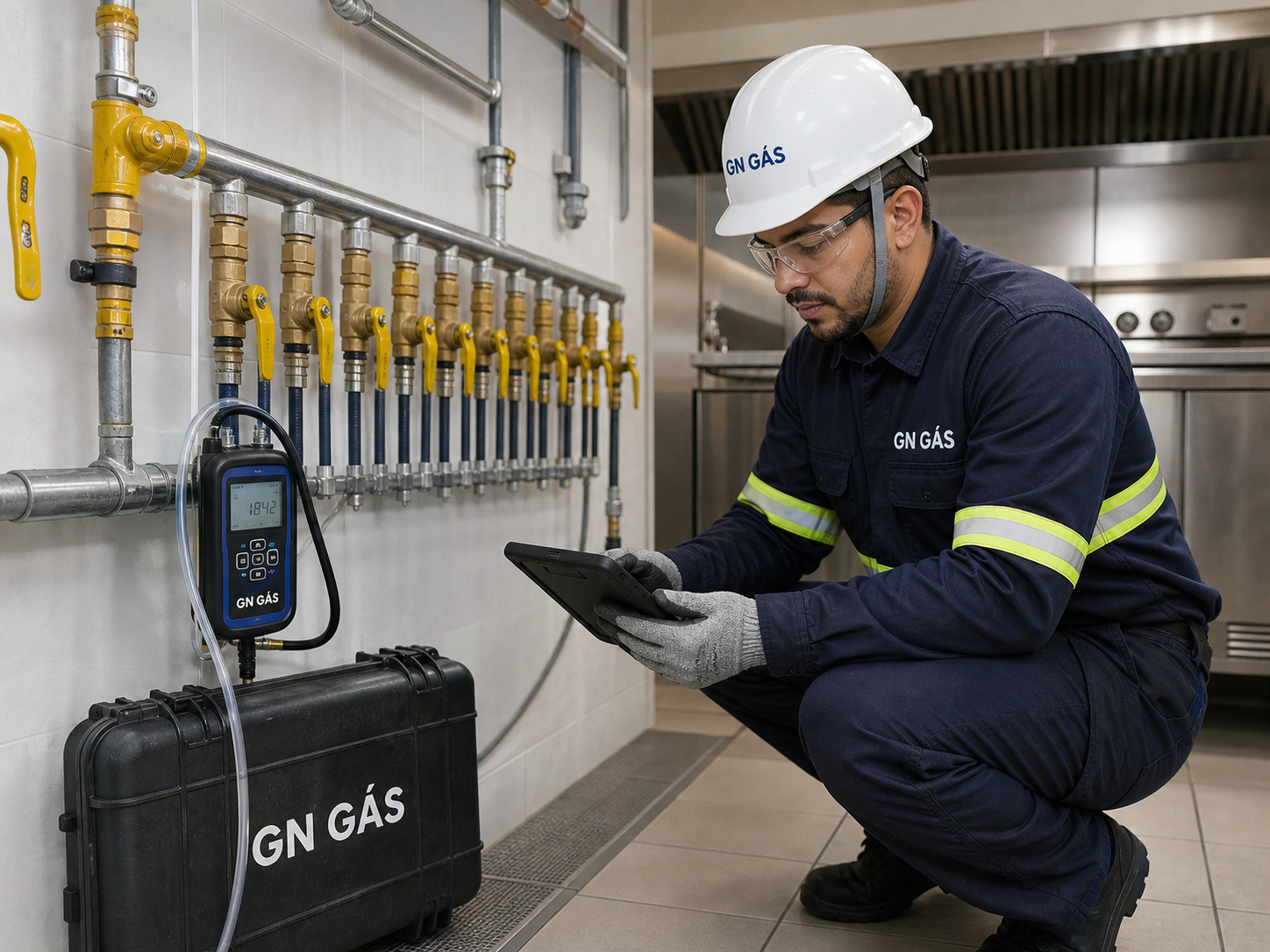 Técnico realizando teste de estanqueidade comercial