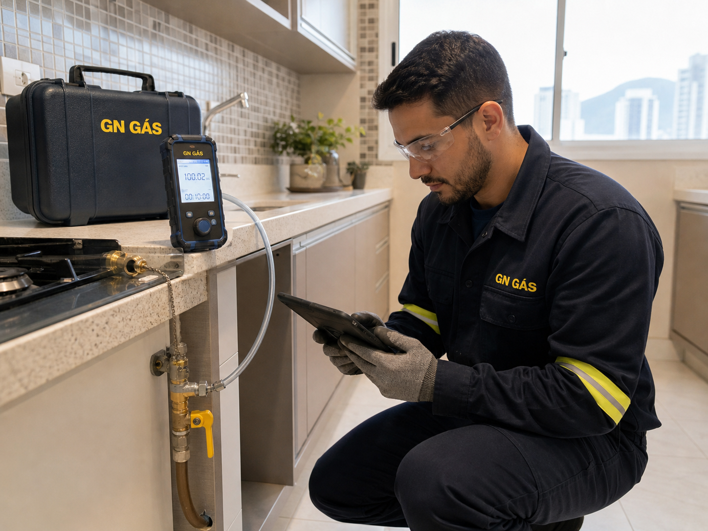 Técnico realizando teste de estanqueidade residencial em casa ou apartamento